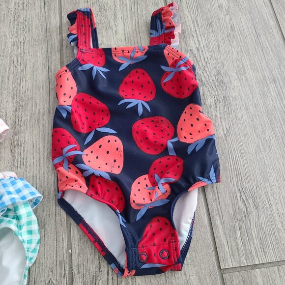 Baby girl bathing suit bundle onepiece strawberry plaid bikini sz 6-9M - Picture 4 of 10